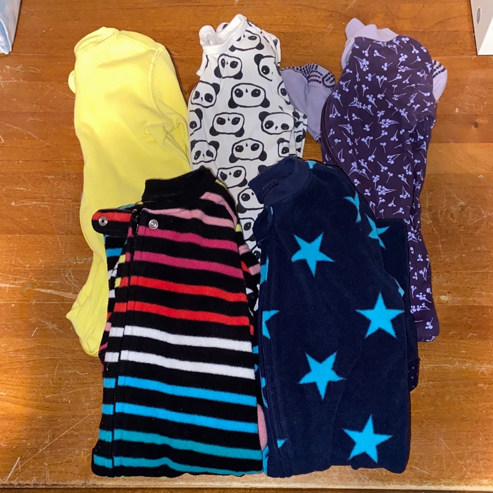 Bundle of 5 colorful 12-18 footie pajamas